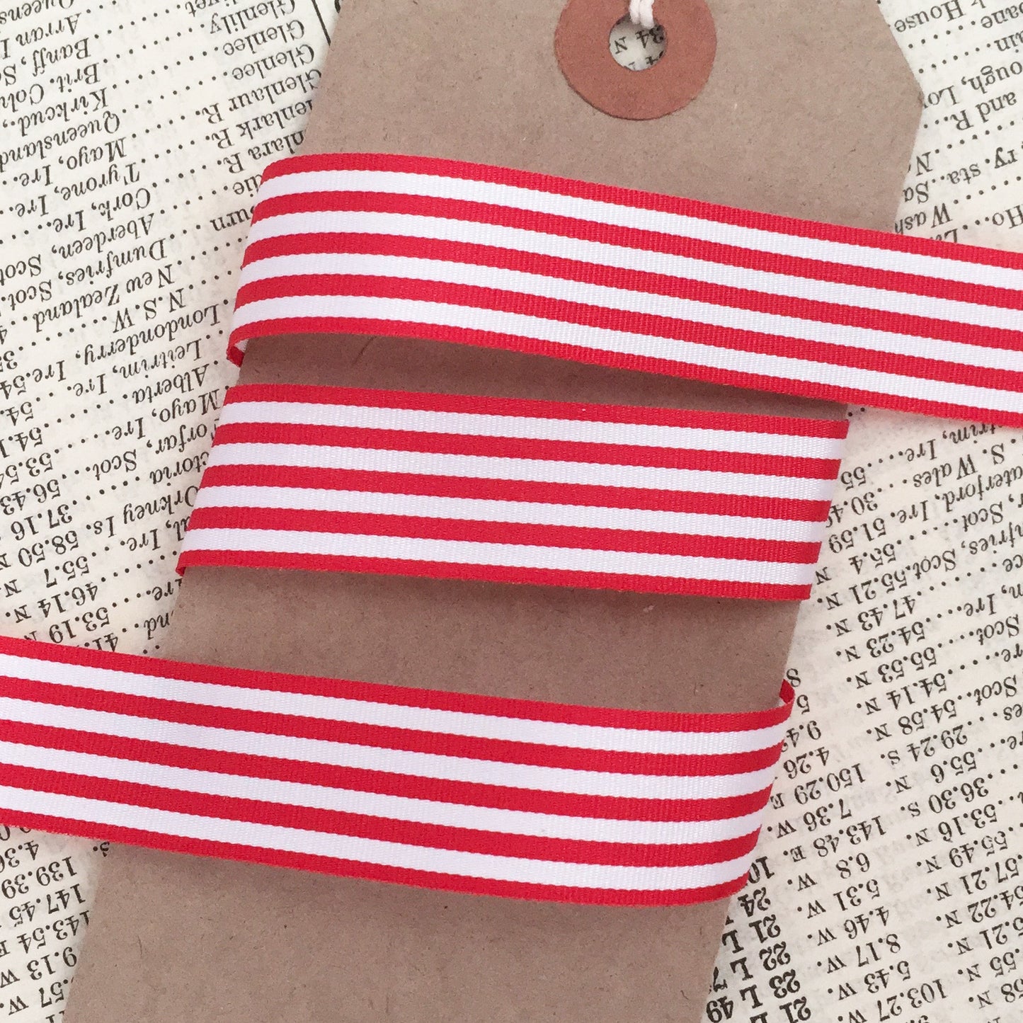 Red & White Stripe Ribbon | 3 Widths 9mm 16mm 25mm | Choose Length or Roll