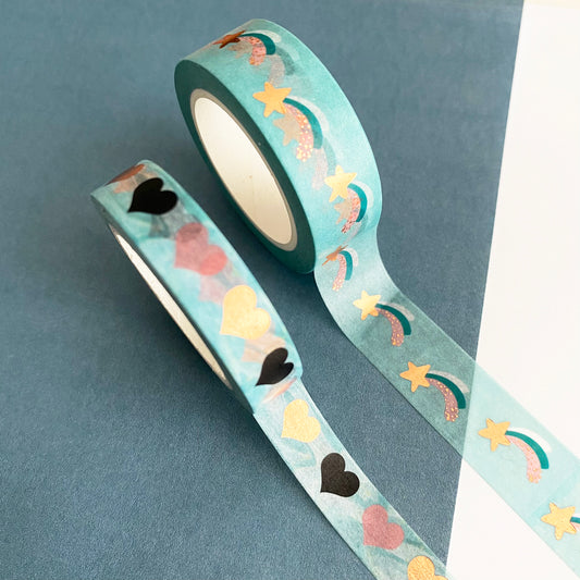Blue Washi Tape | Set of 2 | Shooting Stars & Hearts with Rose Gold Foil Detail | 1.5cm x 10m and 1cm x 10m - SweetpeaStore