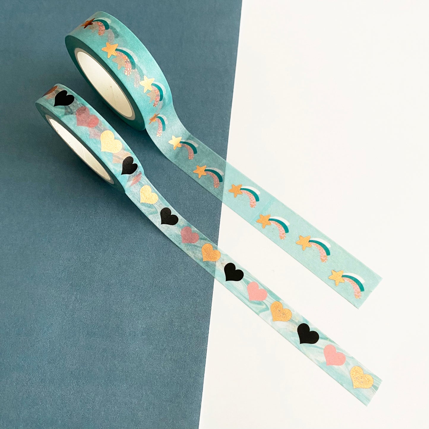 Blue Washi Tape | Set of 2 | Shooting Stars & Hearts with Rose Gold Foil Detail | 1.5cm x 10m and 1cm x 10m - SweetpeaStore
