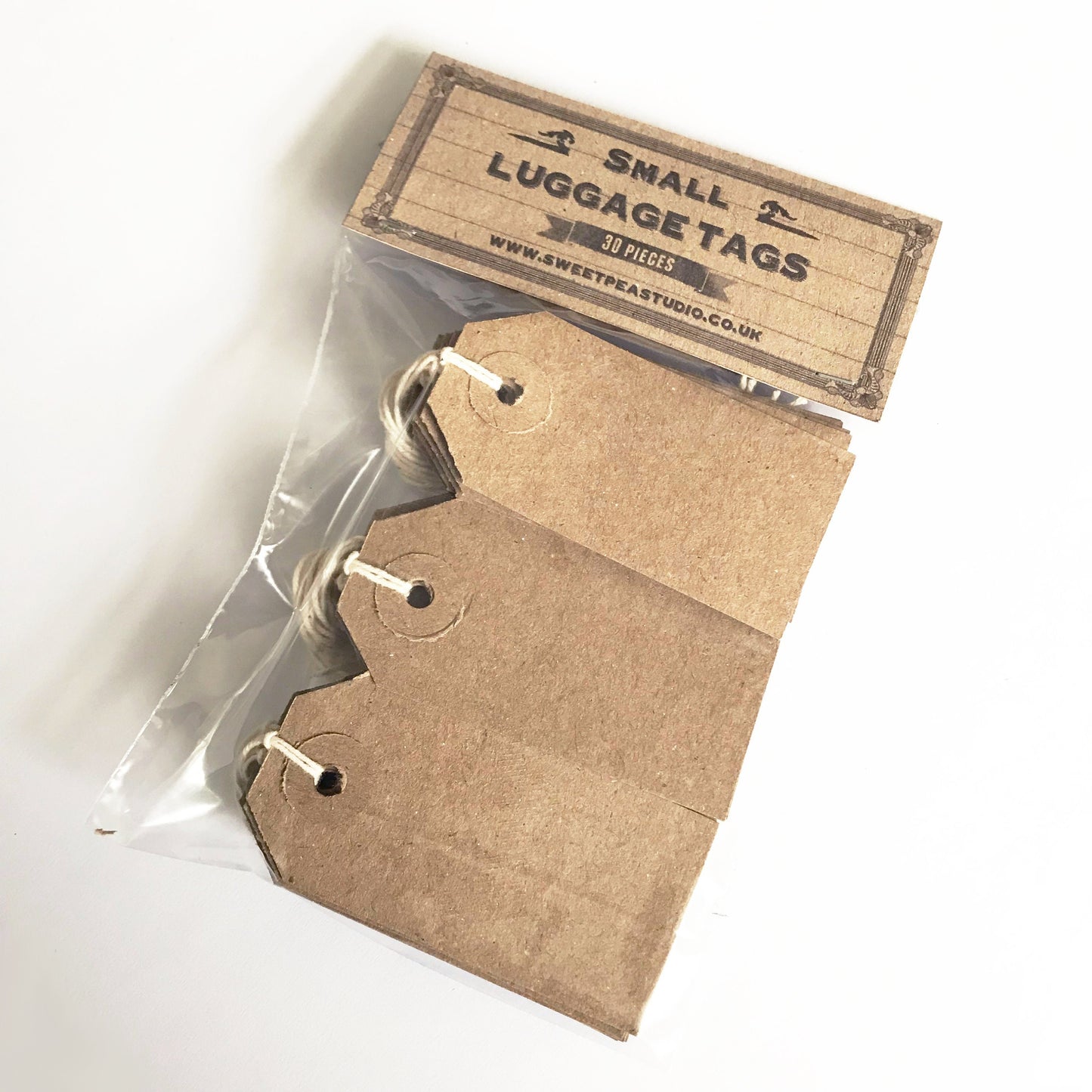 30 Vintage-Inspired Recycled Brown Kraft Card Rustic Luggage Tags | 70mm x 35mm | Reinforced Ring Tag With String | Price Name Tags - SweetpeaStore