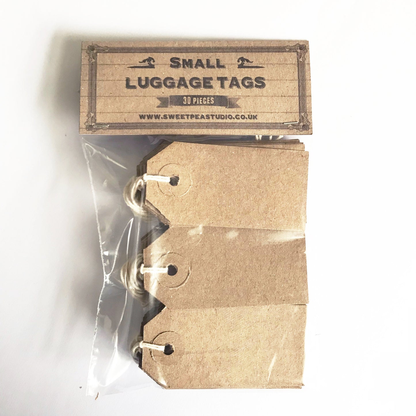 30 Vintage-Inspired Recycled Brown Kraft Card Rustic Luggage Tags | 70mm x 35mm | Reinforced Ring Tag With String | Price Name Tags - SweetpeaStore