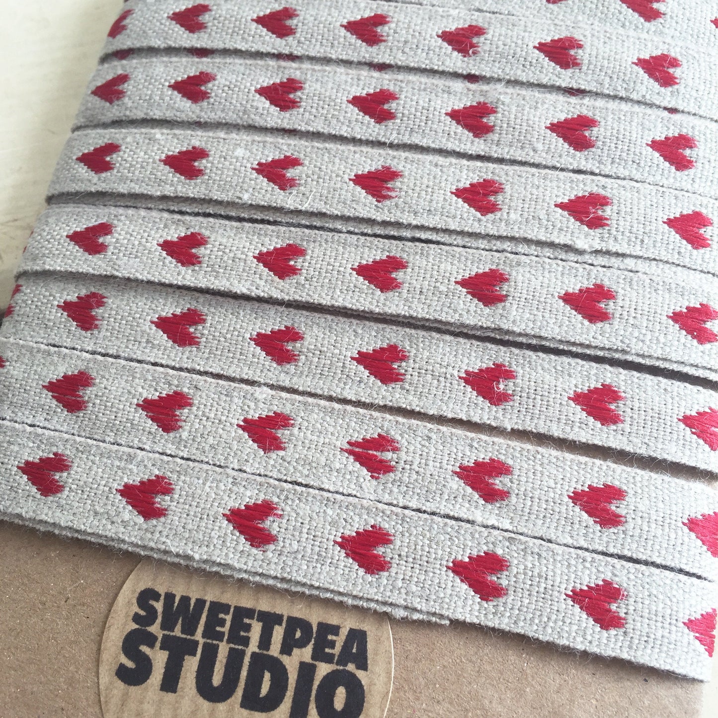 Linen Woven Heart Ribbon 10mm Rustic Red & Natural Cream | Craft Sewing Wedding Valentine's Wrapping | Per Metre or Full 25m Roll - SweetpeaStore