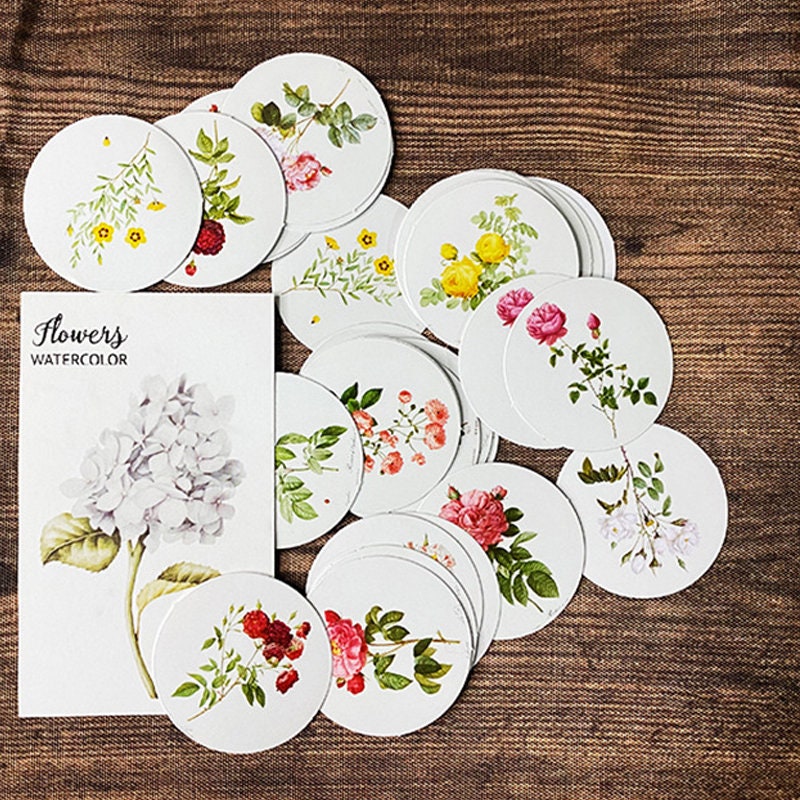 Round Flower Stickers | 46 Pretty Floral Vintage Flower Scrapbook Round Mini Box Stickers Collage Albums - SweetpeaStore