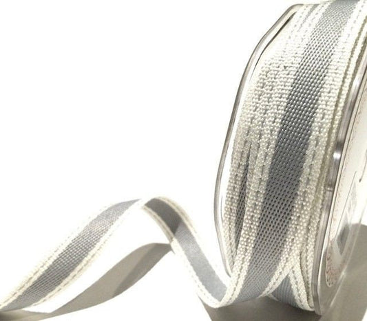 15mm Grey & White Saddle Stitch Woven Ribbon | Per Metre or Full 15m Roll | Sewing Craft Wrapping - SweetpeaStore
