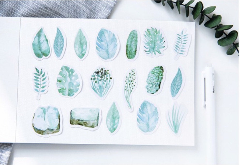 Green Stickers | 45 Watercolour Leaf Palm Leaves Rubber Plant Mini Box Sticker | Peel Off Sticker | Scrapbooking Journalling - SweetpeaStore