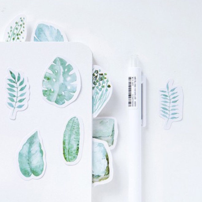 Green Stickers | 45 Watercolour Leaf Palm Leaves Rubber Plant Mini Box Sticker | Peel Off Sticker | Scrapbooking Journalling - SweetpeaStore