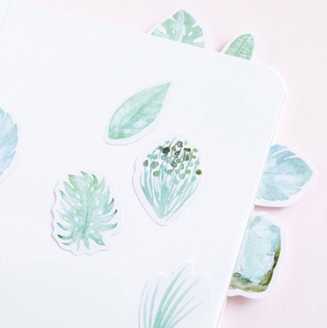 Green Stickers | 45 Watercolour Leaf Palm Leaves Rubber Plant Mini Box Sticker | Peel Off Sticker | Scrapbooking Journalling - SweetpeaStore