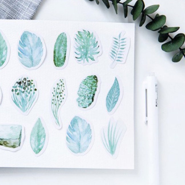 Green Stickers | 45 Watercolour Leaf Palm Leaves Rubber Plant Mini Box Sticker | Peel Off Sticker | Scrapbooking Journalling - SweetpeaStore