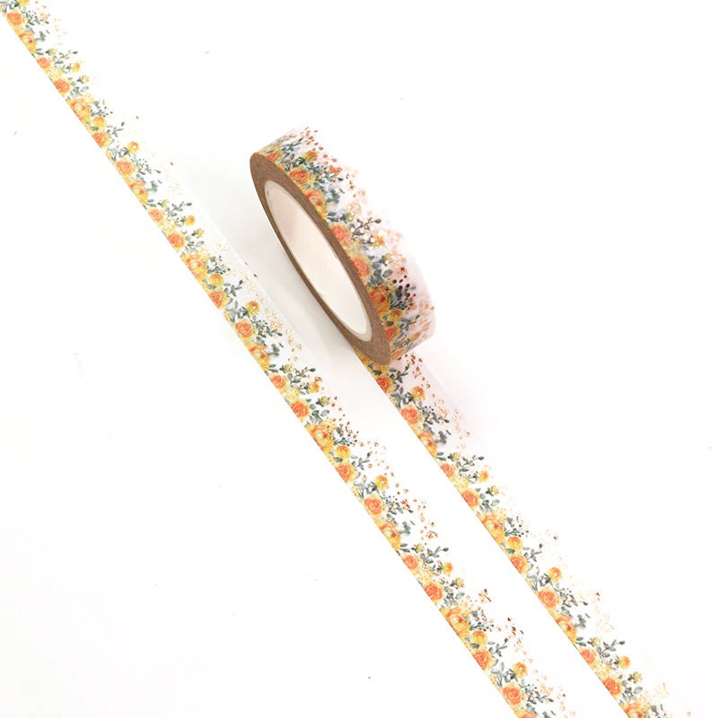 Foiled Rose Gold Butterfly & Yellow Orange Roses Floral Washi Tape | 10mm x 10m | Stationery Journalling Scrapbooking Photo Album - SweetpeaStore