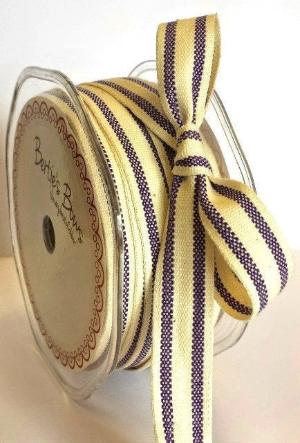 Purple & Cream Ribbon | Stripe Cotton Rustic Ticking 16mm | 1m or Full 20m Roll
