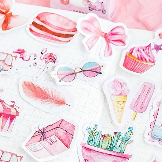 Pink Watercolour Mini Box Stickers | 46 Pretty Peel Off Sticker | Scrapbooking Journal Stationery Cards - SweetpeaStore