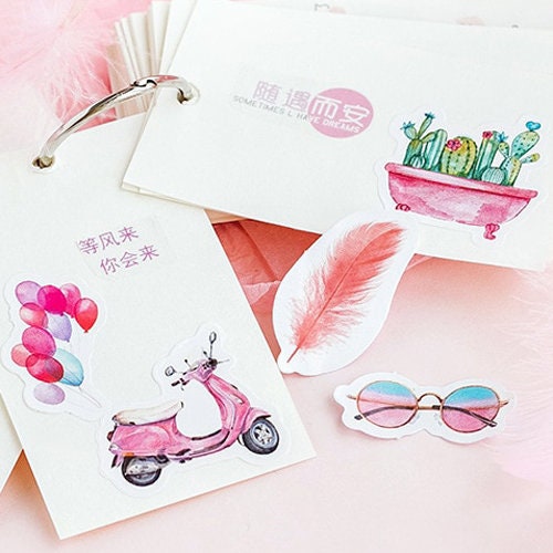 Pink Watercolour Mini Box Stickers | 46 Pretty Peel Off Sticker | Scrapbooking Journal Stationery Cards - SweetpeaStore