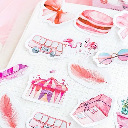 Pink Watercolour Mini Box Stickers | 46 Pretty Peel Off Sticker | Scrapbooking Journal Stationery Cards - SweetpeaStore