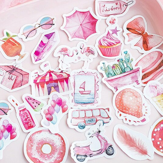 Pink Watercolour Mini Box Stickers | 46 Pretty Peel Off Sticker | Scrapbooking Journal Stationery Cards - SweetpeaStore