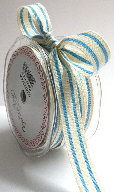 Sky Blue & Cream Ribbon | Stripe Cotton Rustic Ticking 16mm | 1m or 20m Roll - SweetpeaStore