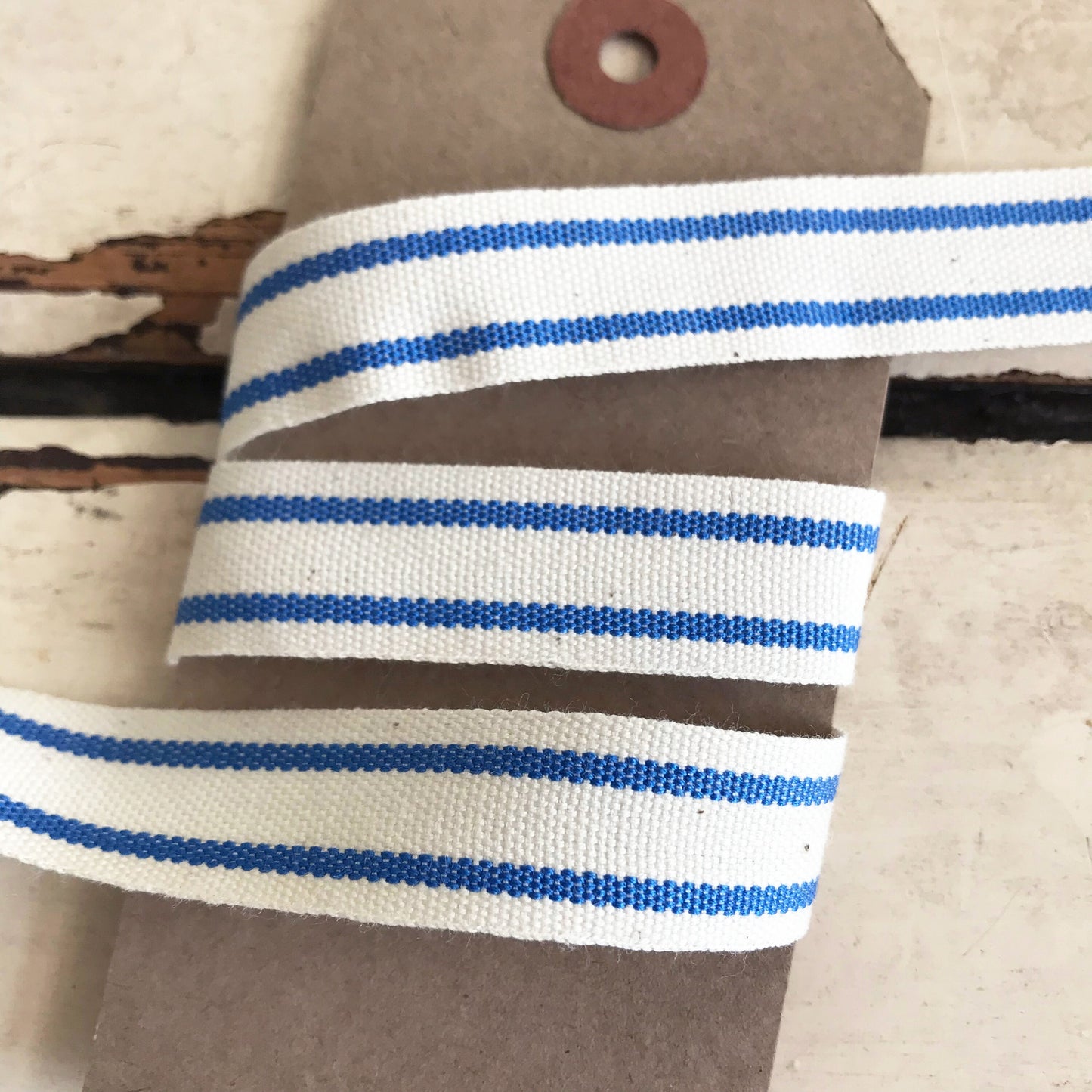 Blue & Cream Ribbon | Stripe Cotton Rustic Ticking 16mm | 1m or Full 20m Roll