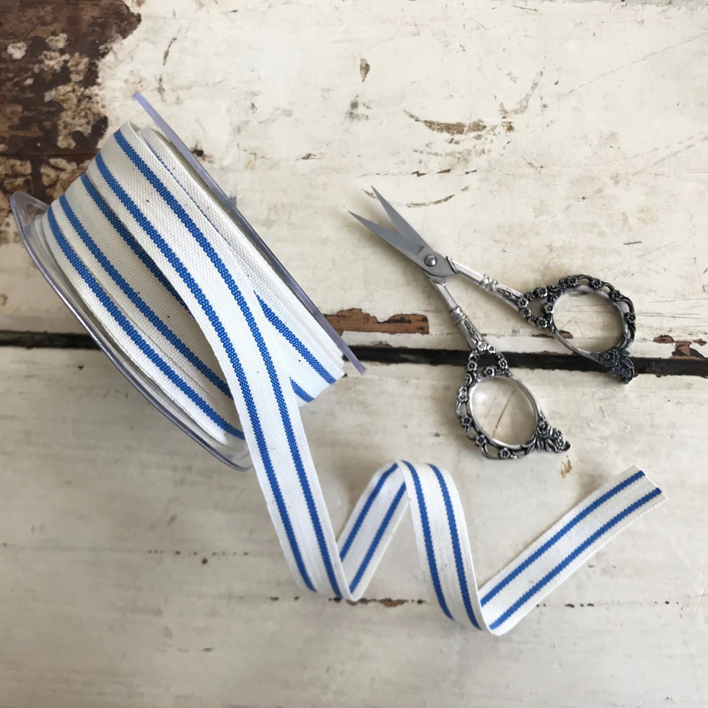 Blue & Cream Ribbon | Stripe Cotton Rustic Ticking 16mm | 1m or Full 20m Roll