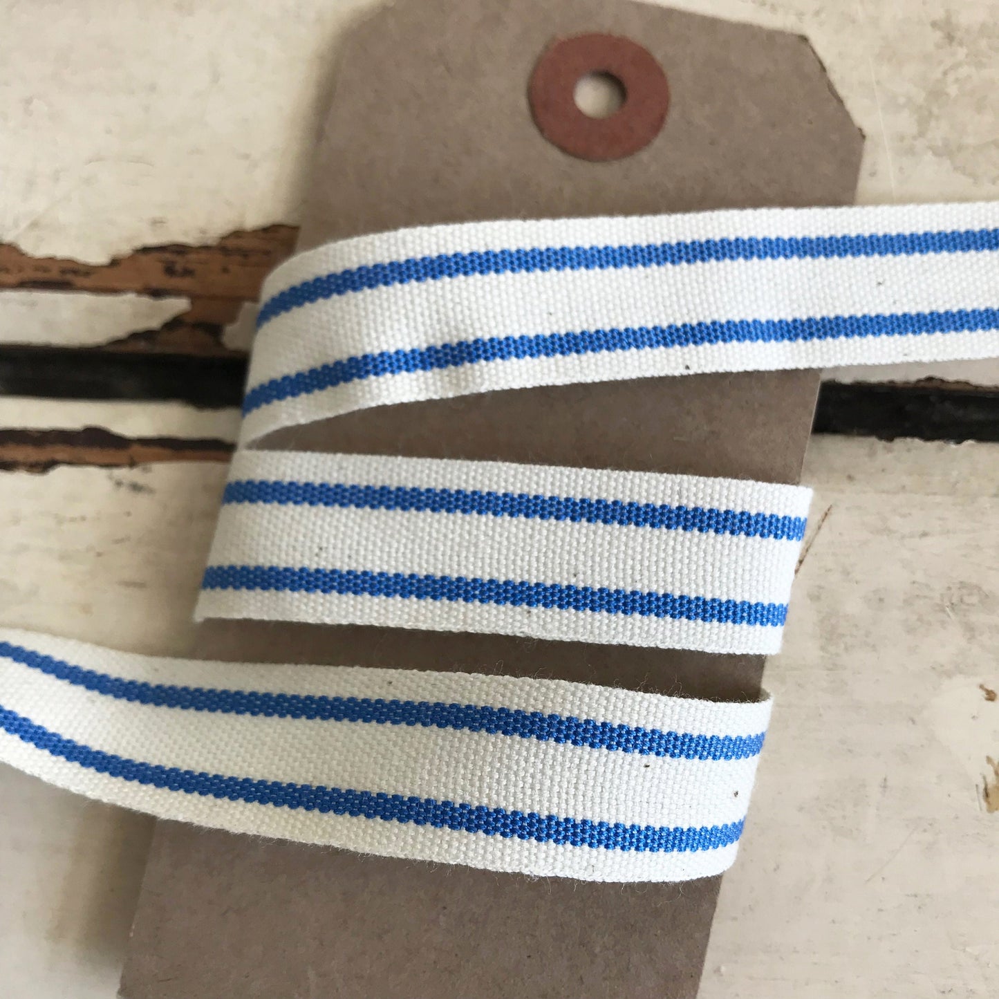 Blue & Cream Ribbon | Stripe Cotton Rustic Ticking 16mm | 1m or Full 20m Roll