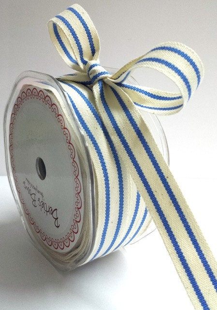 Blue & Cream Ribbon | Stripe Cotton Rustic Ticking 16mm | 1m or Full 20m Roll