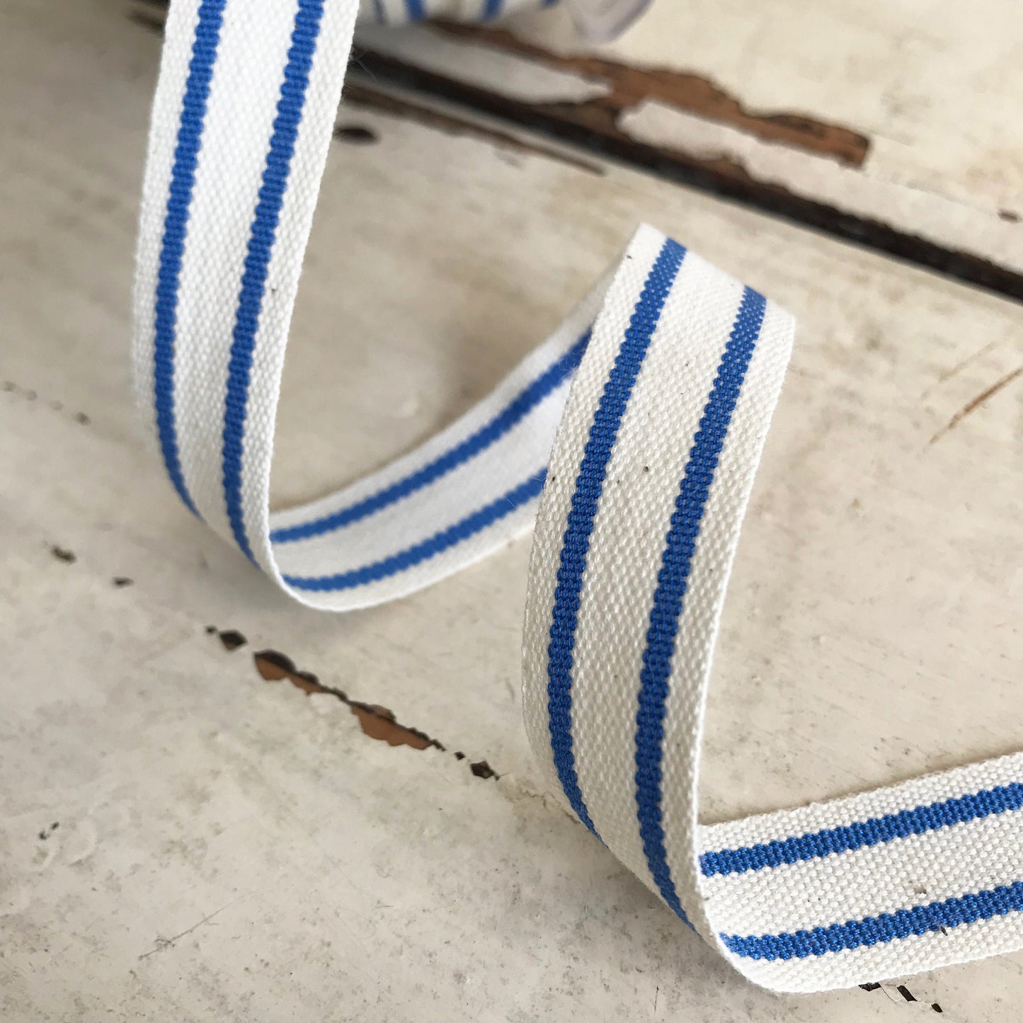 Blue & Cream Ribbon | Stripe Cotton Rustic Ticking 16mm | 1m or Full 20m Roll