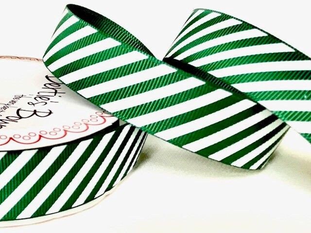 Green & White Ribbon Candy Cane Stripe Grosgrain | 16mm 1m or Full 25m Roll | Wrap Bow - SweetpeaStore