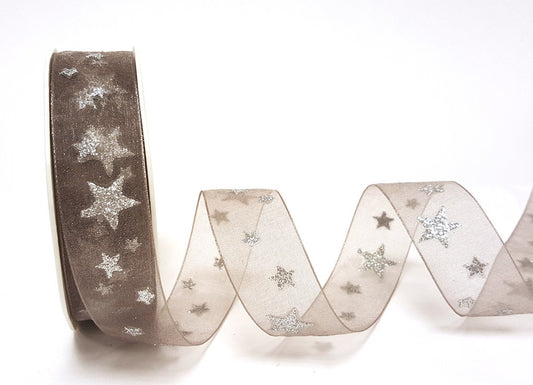 Star Ribbon | Grey Sheer Organza & Silver Glitter Star Wrapping 25mm - SweetpeaStore