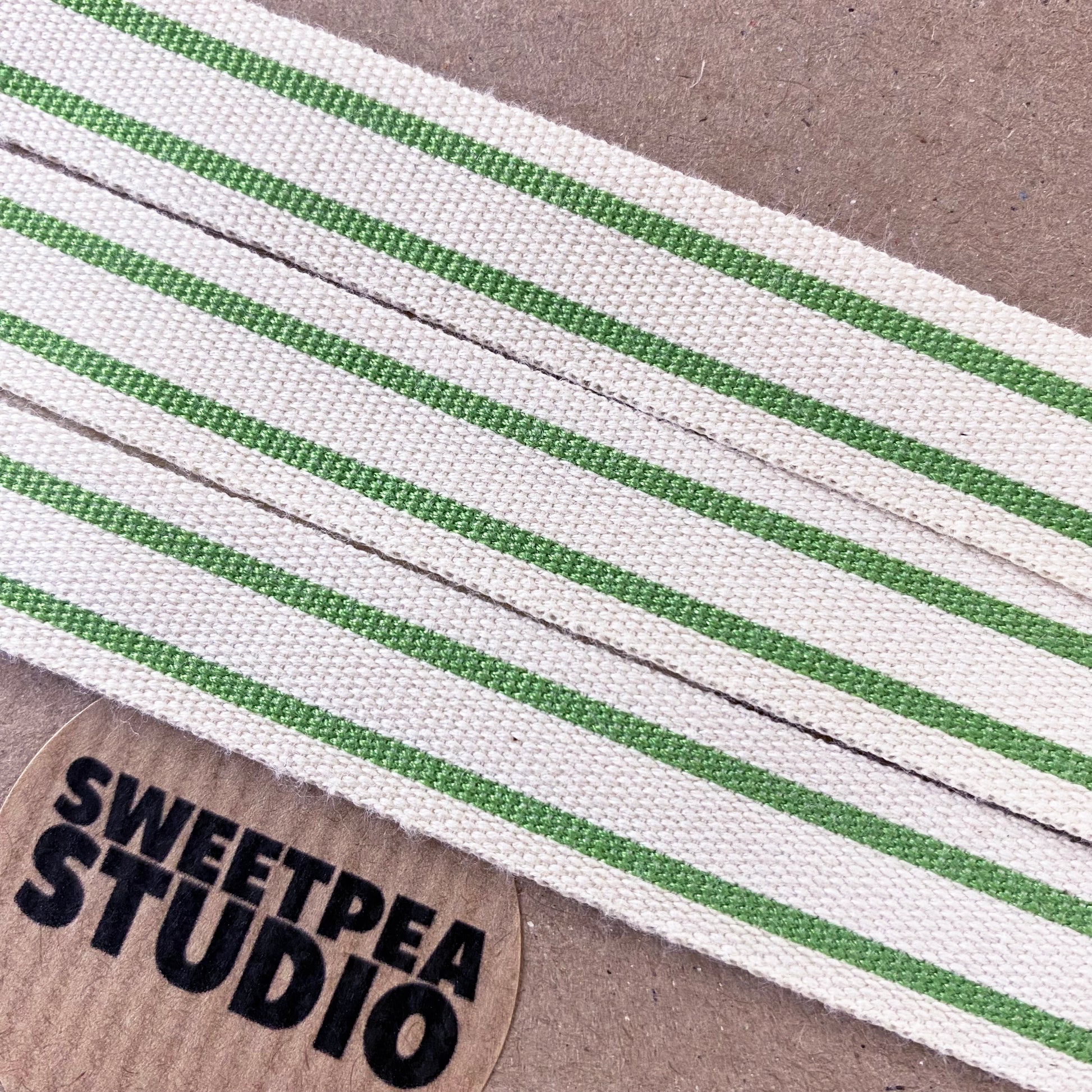 Cotton Ribbon | Green Cream Stripe Woven Cotton Ticking | 1m 20m Roll - SweetpeaStore