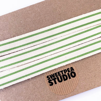 Cotton Ribbon | Green Cream Stripe Woven Cotton Ticking | 1m 20m Roll - SweetpeaStore