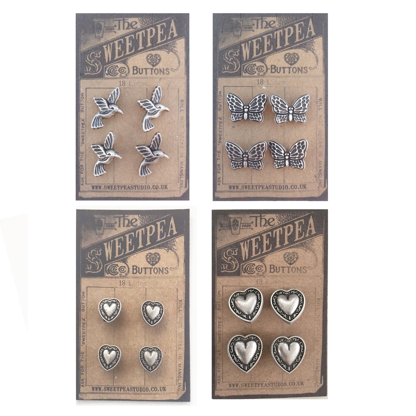 Metal Buttons Silver Coloured | Bird Heart Butterfly | Sewing Dressmaking Craft