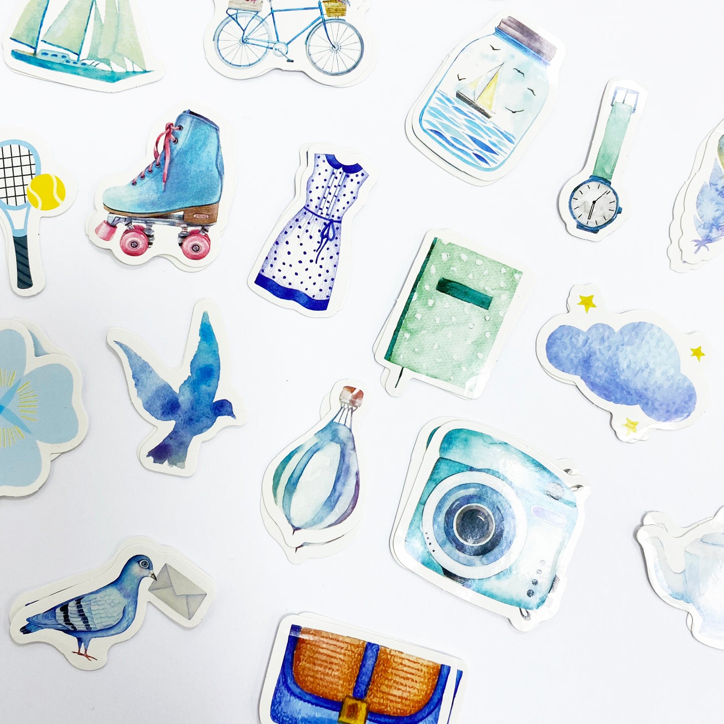 Cute Journal Stickers | 40 Paper Peel Off Hobby Set | Camera Bicycle Diary Bow - SweetpeaStore