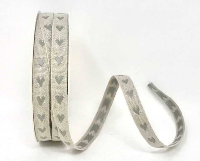 Linen Woven Heart Ribbon 10mm Grey & Natural Cream | Per Metre or Full 25m Roll | Craft Sewing Wedding Valentine's Wrapping - SweetpeaStore