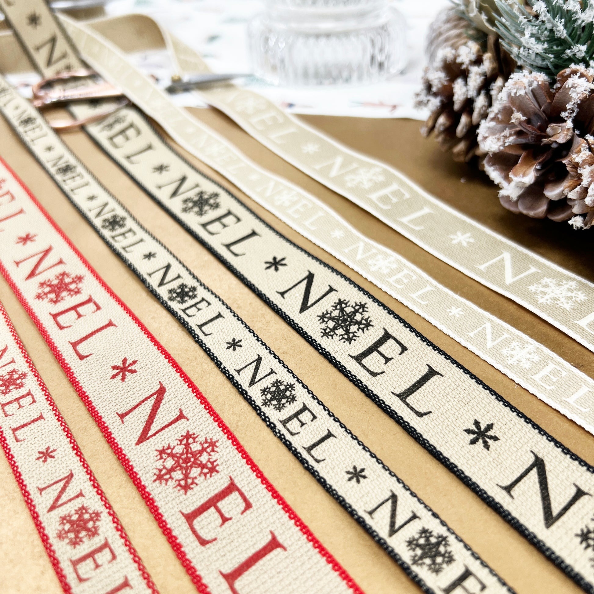Christmas Ribbon | Noel Snowflake Print 25mm 15mm | Cream Red Black | Wrapping - SweetpeaStore