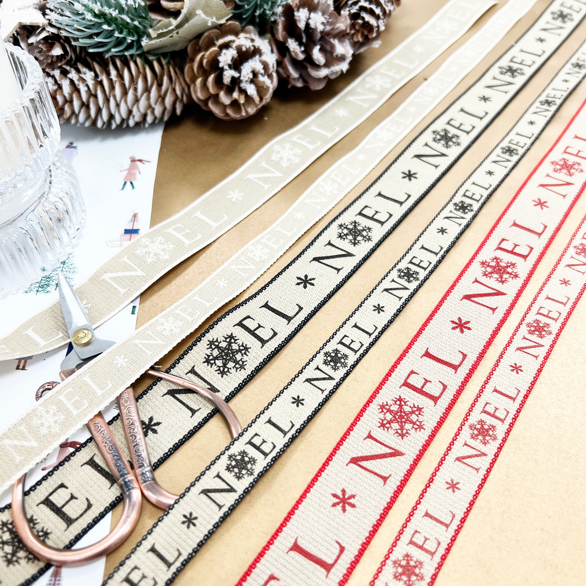 Christmas Ribbon | Noel Snowflake Print 25mm 15mm | Cream Red Black | Wrapping - SweetpeaStore