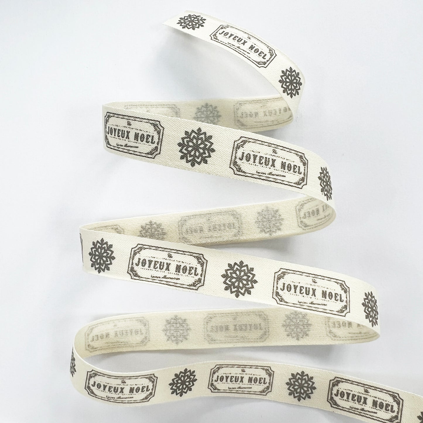 Christmas Ribbon 15mm Ivory Cotton Grey Joyeux Noel & Snowflake Print 1m 5m 25m - SweetpeaStore