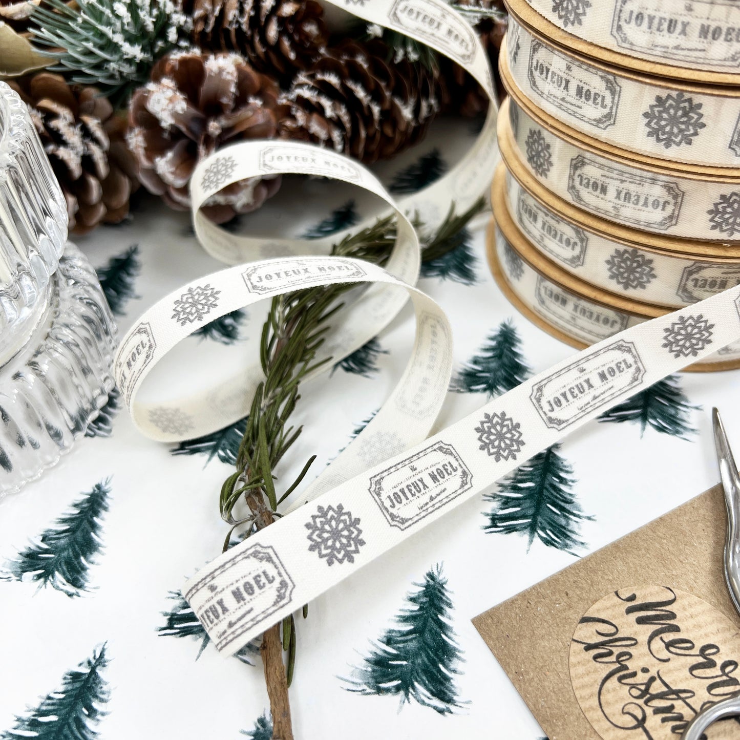 Christmas Ribbon 15mm Ivory Cotton Grey Joyeux Noel & Snowflake Print 1m 5m 25m - SweetpeaStore