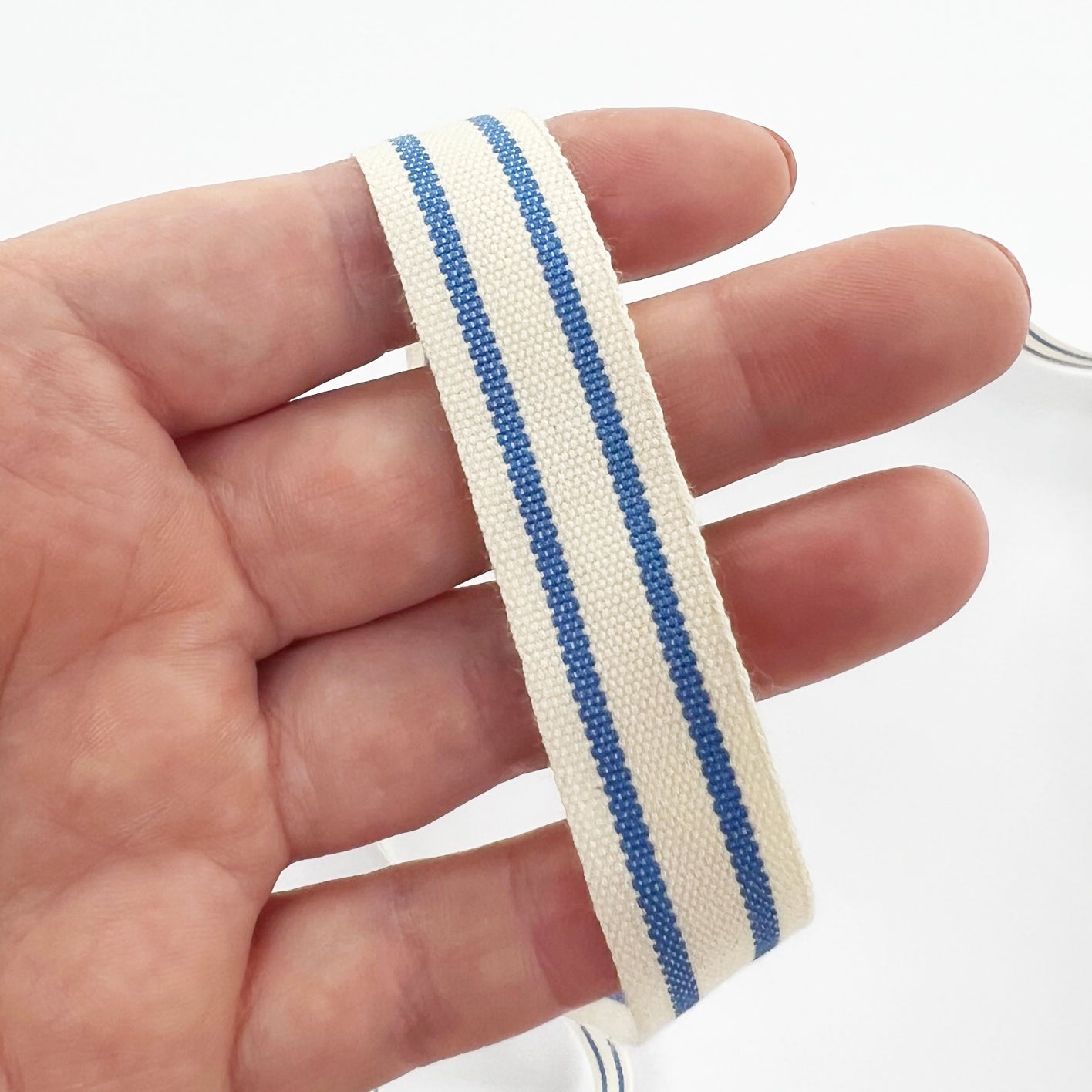 Blue & Cream Ribbon | Stripe Cotton Rustic Ticking 16mm | 1m or Full 20m Roll