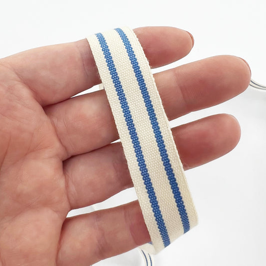 Blue & Cream Ribbon | Stripe Cotton Rustic Ticking 16mm | 1m or Full 20m Roll - SweetpeaStore