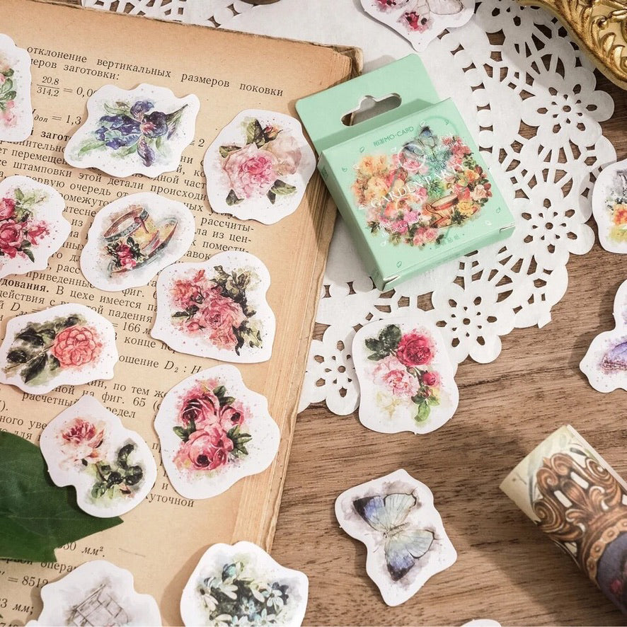 Vintage Flower Stickers | 45 Mini Box Scrapbooking Sticker | Journalling Stationery - SweetpeaStore