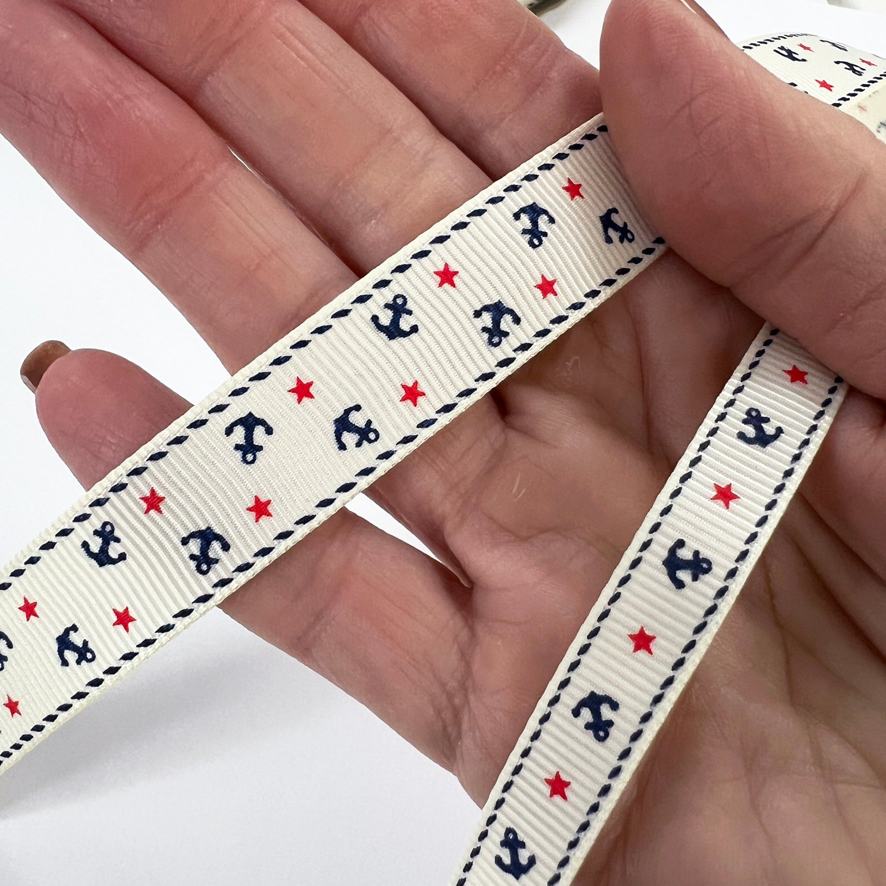 Anchor & Star Grosgrain Ribbon | 9mm or 16mm Cream | Nautical Seaside Theme Wrap Sewing Craft - SweetpeaStore