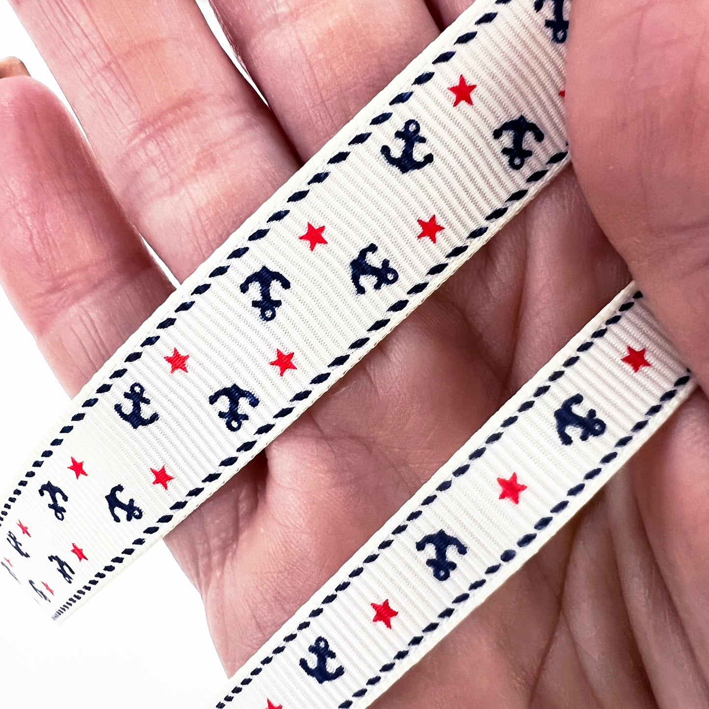 Anchor & Star Grosgrain Ribbon | 9mm or 16mm Cream | Nautical Seaside Theme Wrap Sewing Craft - SweetpeaStore