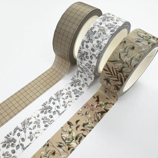 Foliage & Grid Washi Tape | Set Of Three | 15mm x 10m | Journalling Scrapbook Planner