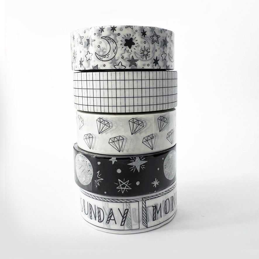 Washi Tape Set Of 5 | Paper Tape Journal Planner Kit | Black & White | 5 x 1.5cm x 10m Rolls - SweetpeaStore