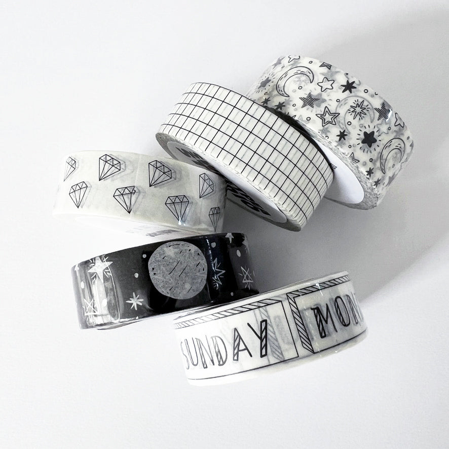 Washi Tape Set Of 5 | Paper Tape Journal Planner Kit | Black & White | 5 x 1.5cm x 10m Rolls - SweetpeaStore