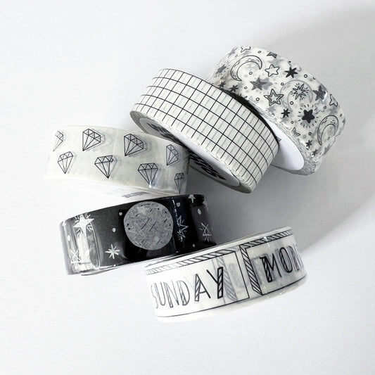 Washi Tape Set Of 5 | Paper Tape Journal Planner Kit | Black & White | 5 x 1.5cm x 10m Rolls - SweetpeaStore