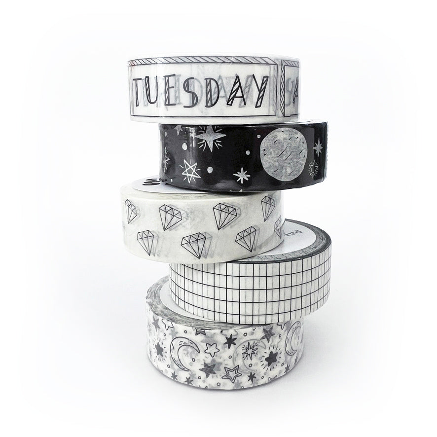 Washi Tape Set Of 5 | Paper Tape Journal Planner Kit | Black & White | 5 x 1.5cm x 10m Rolls - SweetpeaStore