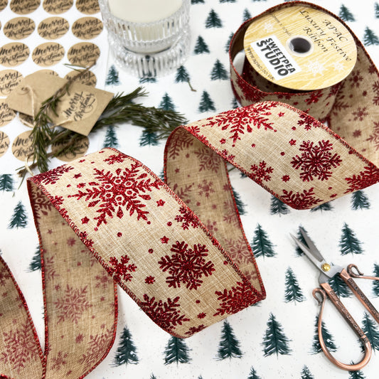 Wired Christmas Ribbon | Red Glitter Snowflake | 63mm x 10 yard Roll 2.5 inch | Bows Wrapping - SweetpeaStore