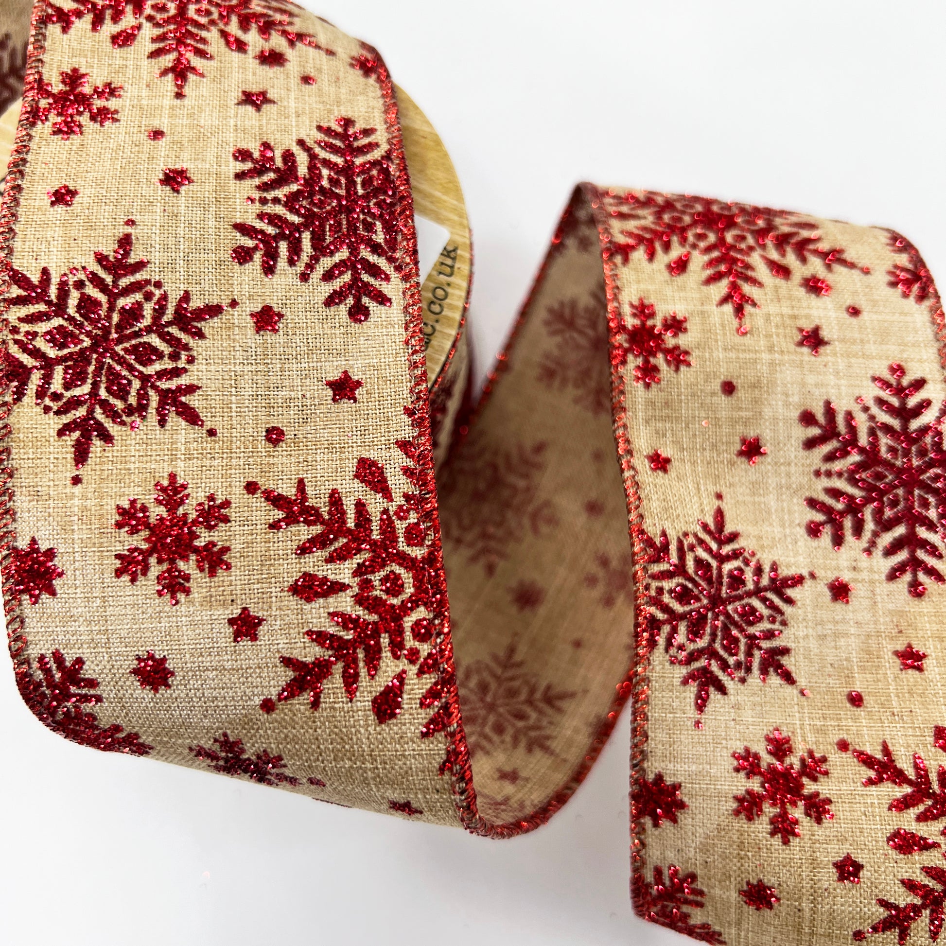 Wired Christmas Ribbon | Red Glitter Snowflake | 63mm x 10 yard Roll 2.5 inch | Bows Wrapping - SweetpeaStore