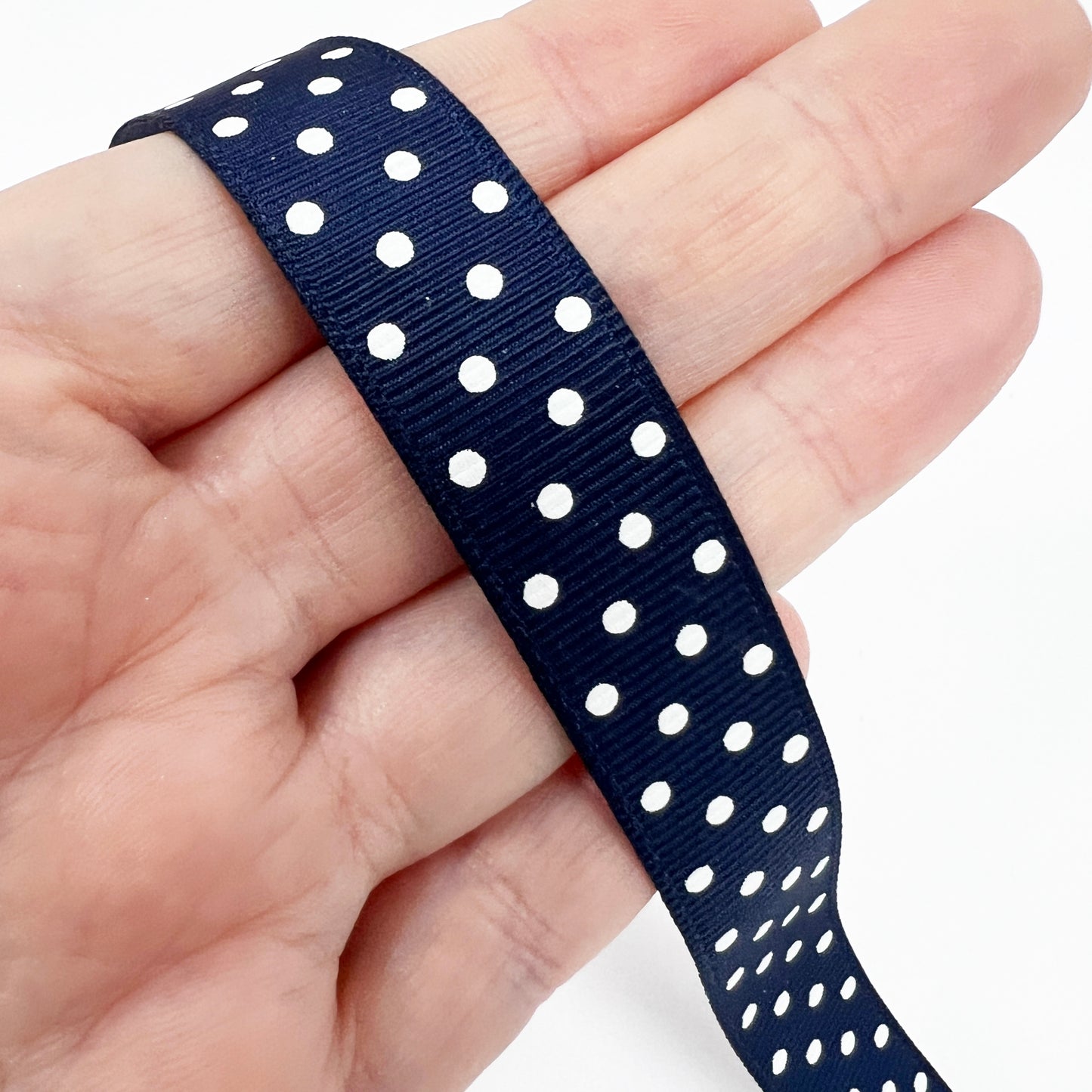 Spot Grosgrain Ribbon | Navy Blue 16mm Polka Dot Spot | 1m 25m Roll - SweetpeaStore