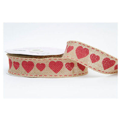38mm Hessian Jute Burlap Red Heart Ribbon - SweetpeaStore