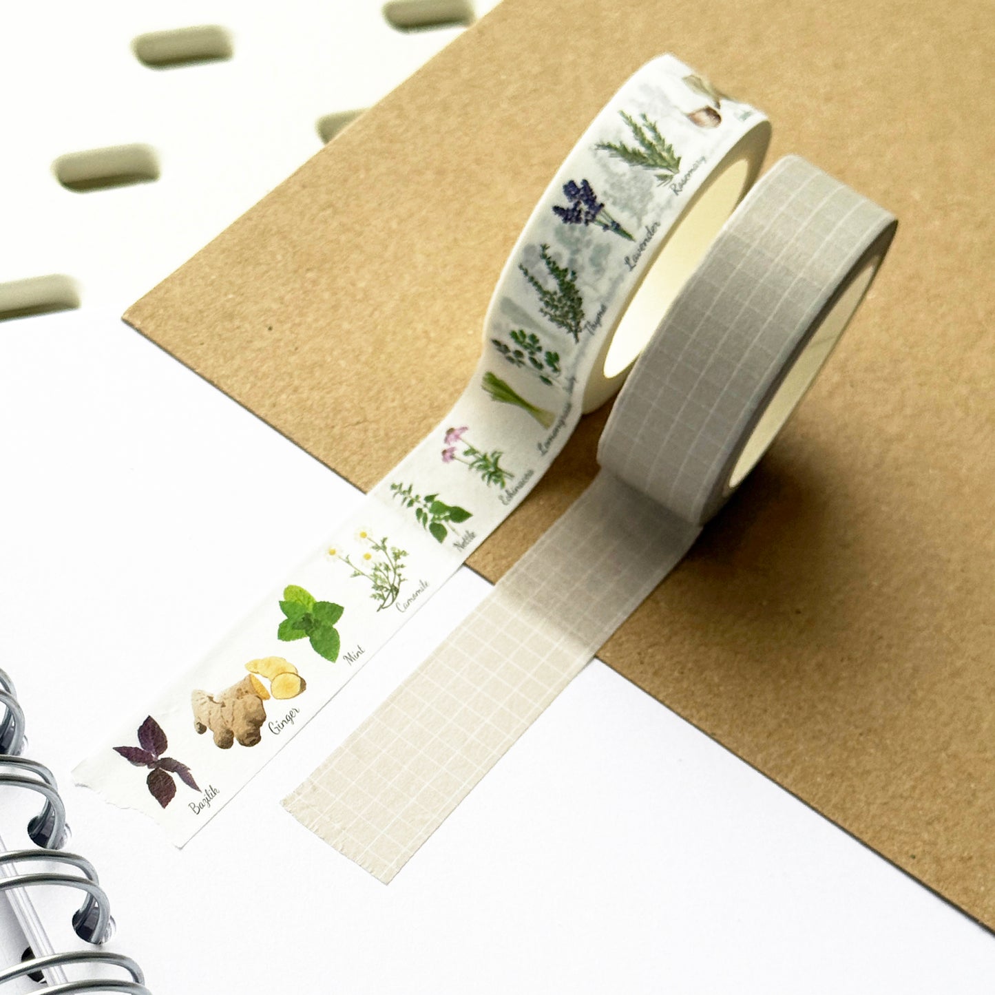 Washi Tape Garden Herbs & Neutral Grid | Journalling | 1.5cm x 10m - SweetpeaStore